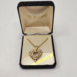 Roman Crystal Pave Heart Pendant Chain Necklace Gold Tone Vintage Jewelry